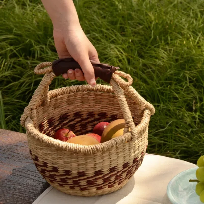Ins Style Vietnamese Seaweed Hand Woven Basket , African elements,  grocery shopping, picnic handbag Fruit Basket Storage Baske
