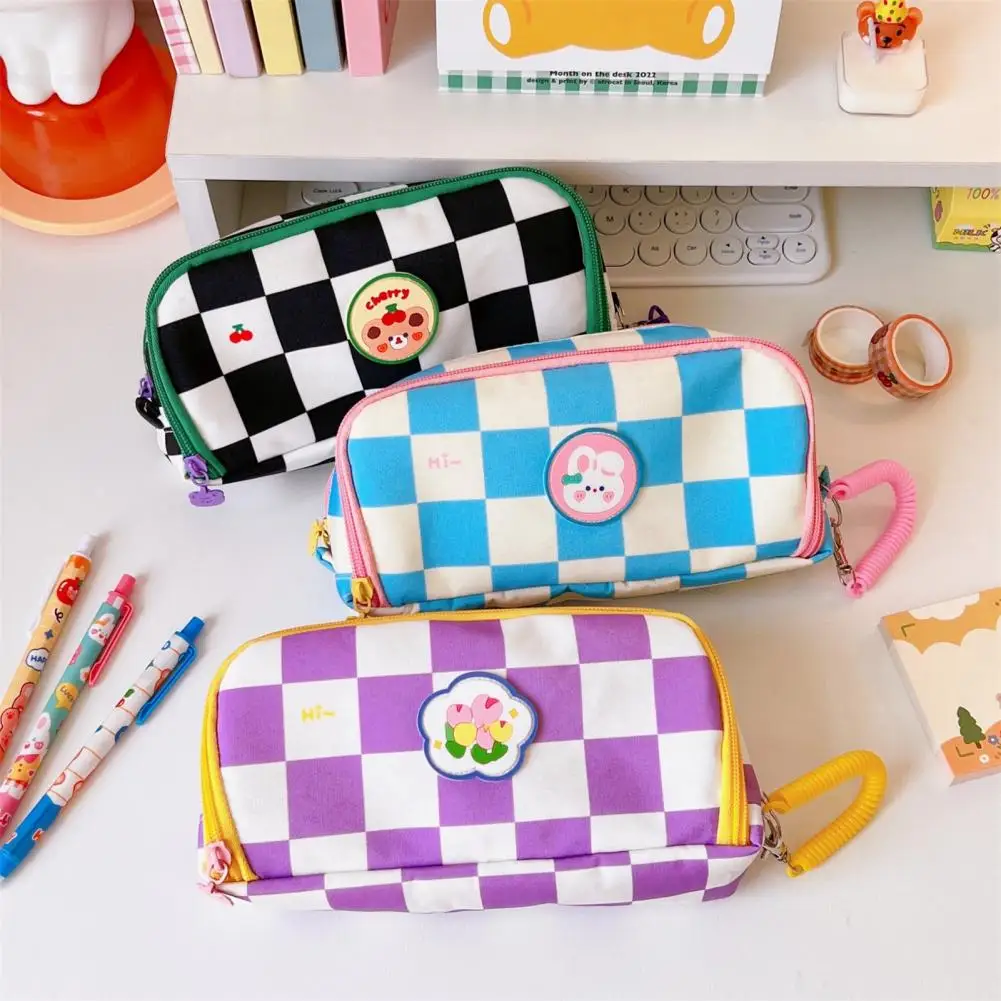 Practical Pencil Bag  Soft-touching Portable Stationery Case  Checkerboard Pattern Pencil Pouch