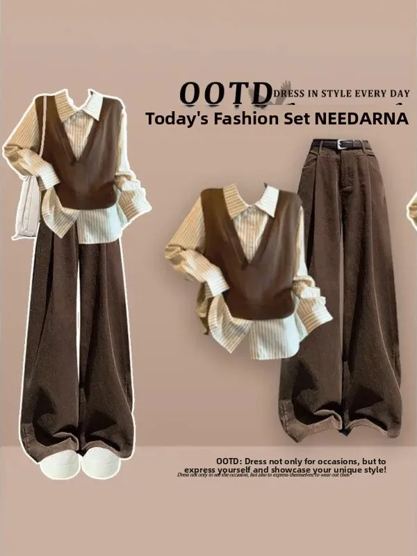 

plus Size 300 Pounds Korean Style Three-Piece Set Autumn Coffee Color Shirt Wide Leg Pants Ensemble Casual Sportswear for Teens