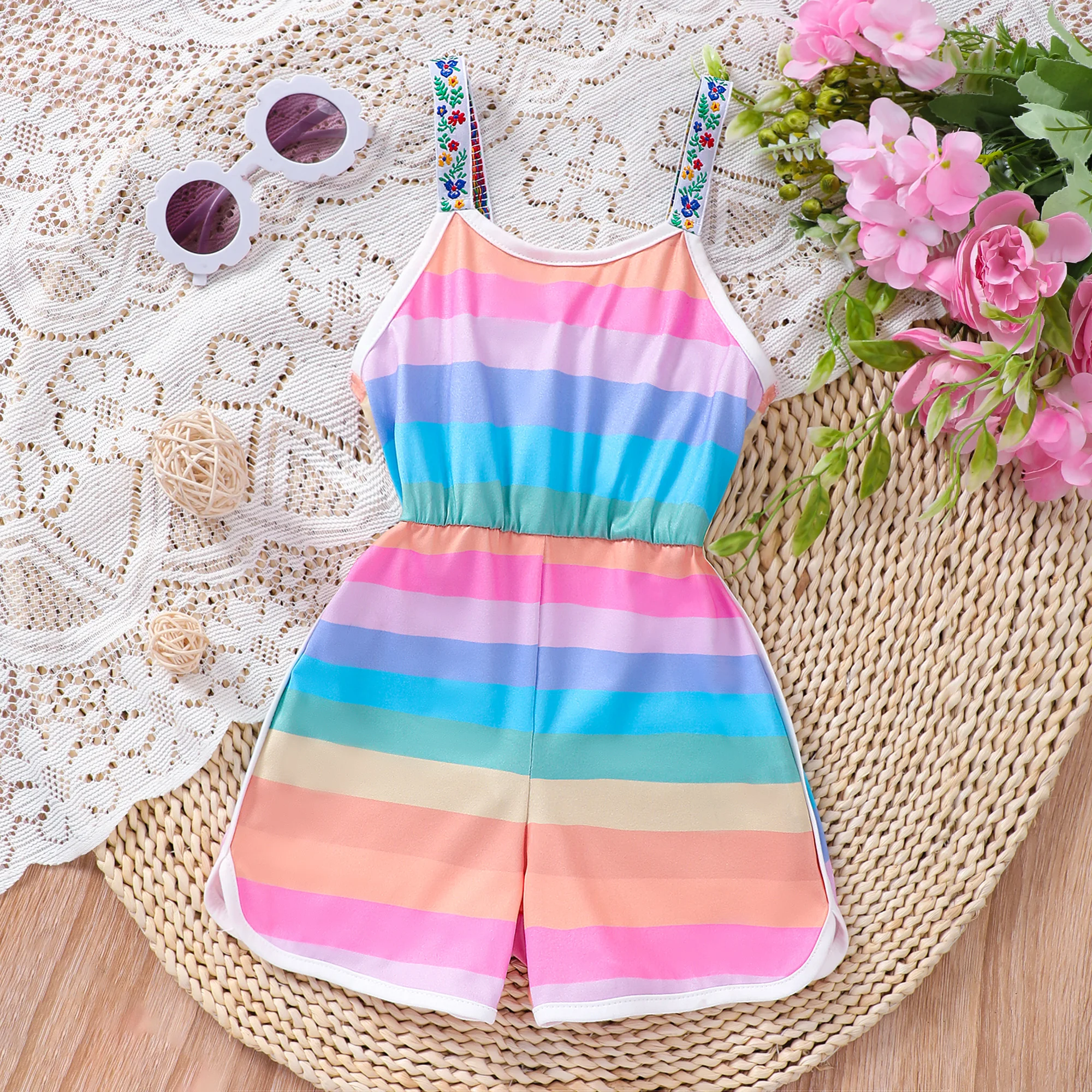 Girls Casual & Stylish Colorful Striped Cami Romper For Spring & Summer