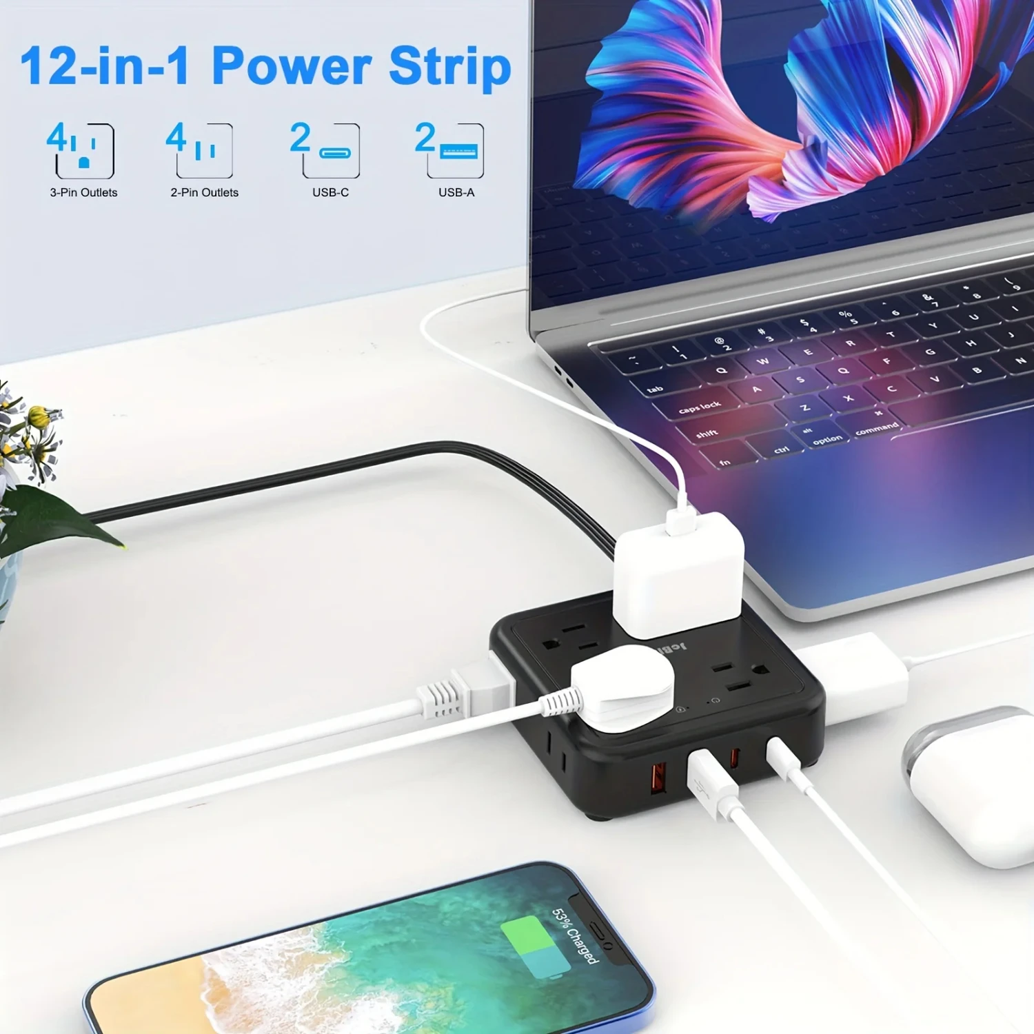 Power Strip Surge Protector Ultra Thin Flat Plug 5ft Extension Cord with 4 USB Ports(2 USB C Charger), 8 Widely-Spaced Outlet