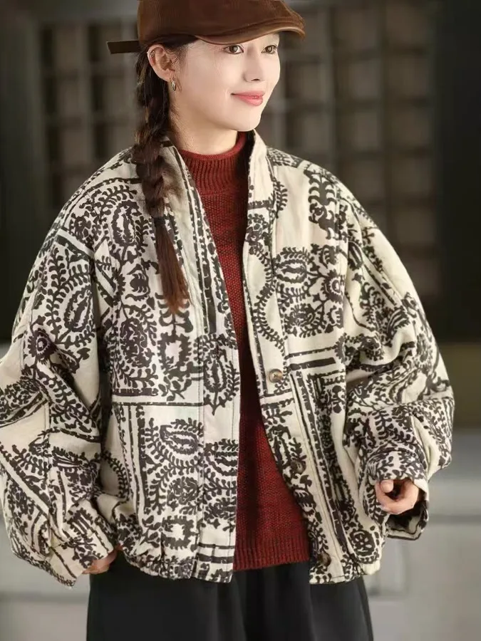 

Retro Thiened Cotton Jaet ort Outerwear Women's Winter New Loose Mom Zen Sle Warmth Cotton Clothes Printed Design