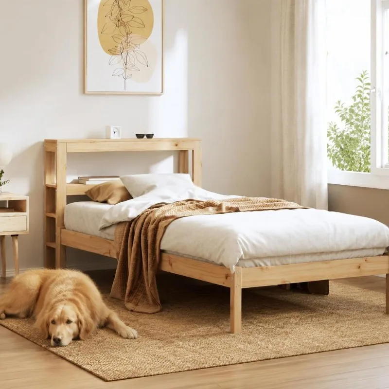 Cadre de lit en pin massif 90 x 190 cm avec tête de lit autoportante à deux étagères de rangement, sommier à lattes en contreplaqué assurant un bon soutien du matelas, style rustique pour chambre NONE