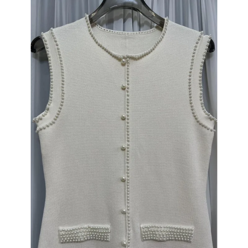 French Knitted Small Fragrance Sleeveless Dress Women Beige Beaded Sweet Fashion Vintage Wine Slim Elegant Vest Dress Summer