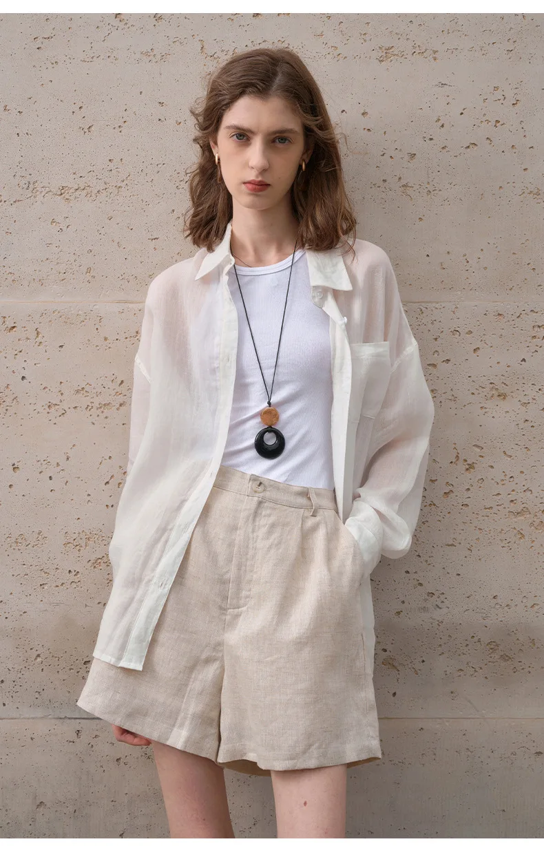 Damen-Freizeithemd aus 100 % Ramie im französischen Stil, Frühjahr/Sommer 2026, neu, einreihiger Cardigan, Damen-Revers-Langarmhemd in Weiß – Detail 23