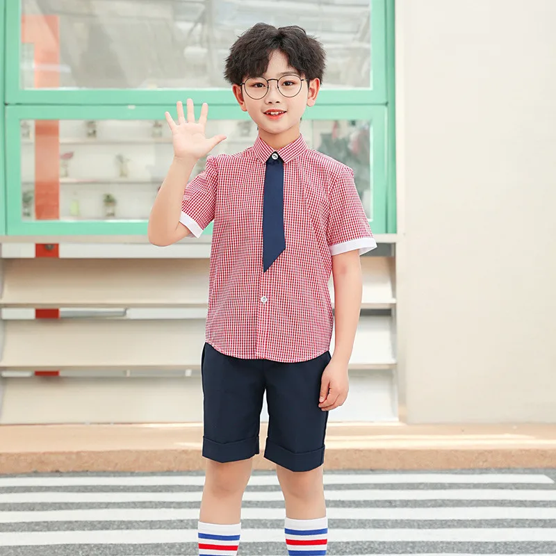 Boys and girls cotton striped plaid short-sleeved shorts casual suit girls college wind-proof short skirt pants suit