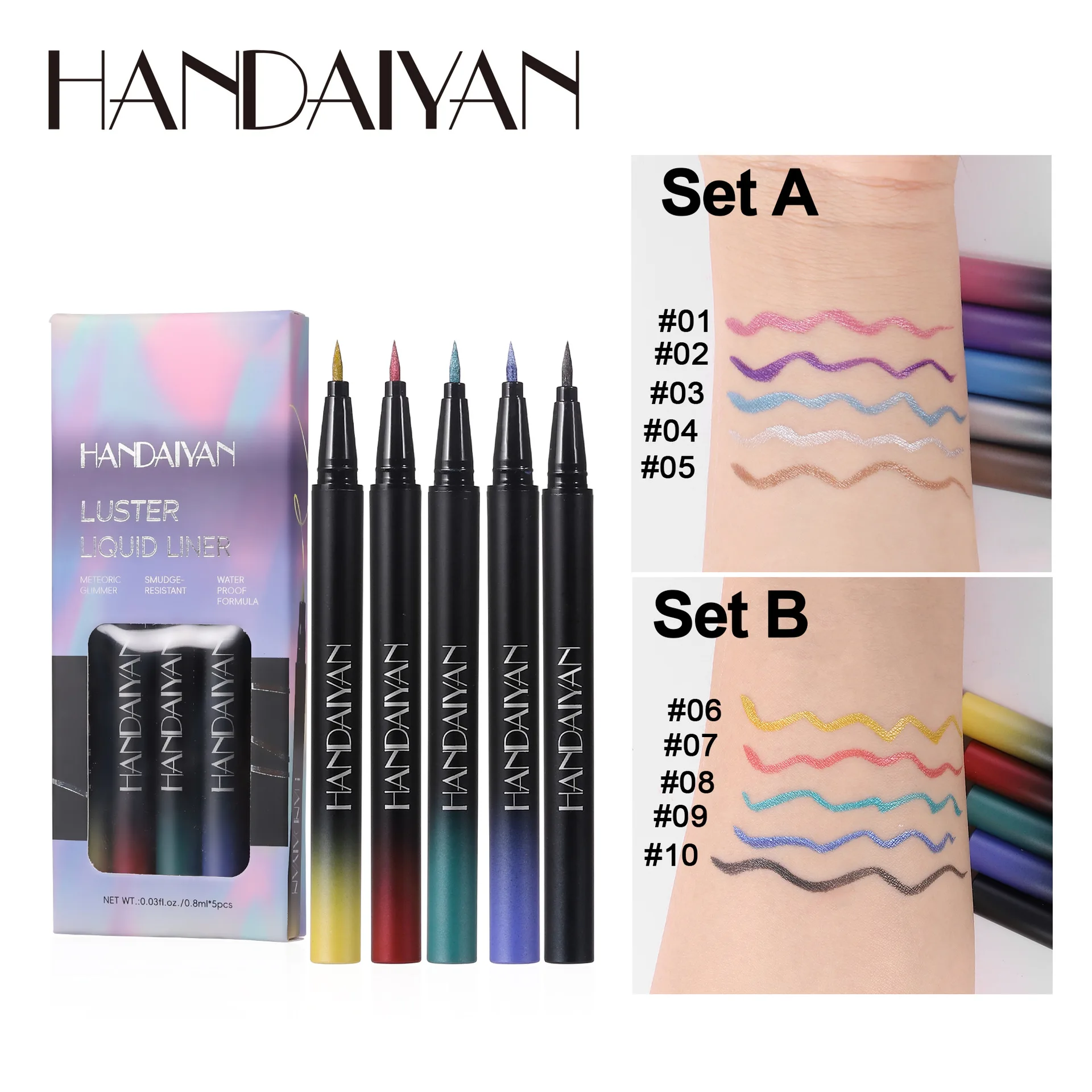 Juego de delineador de ojos líquido con purpurina resistente al agua, 5 colores, Kit de lápiz de maquillaje de ojos brillante de larga duración para mujeres y niñas