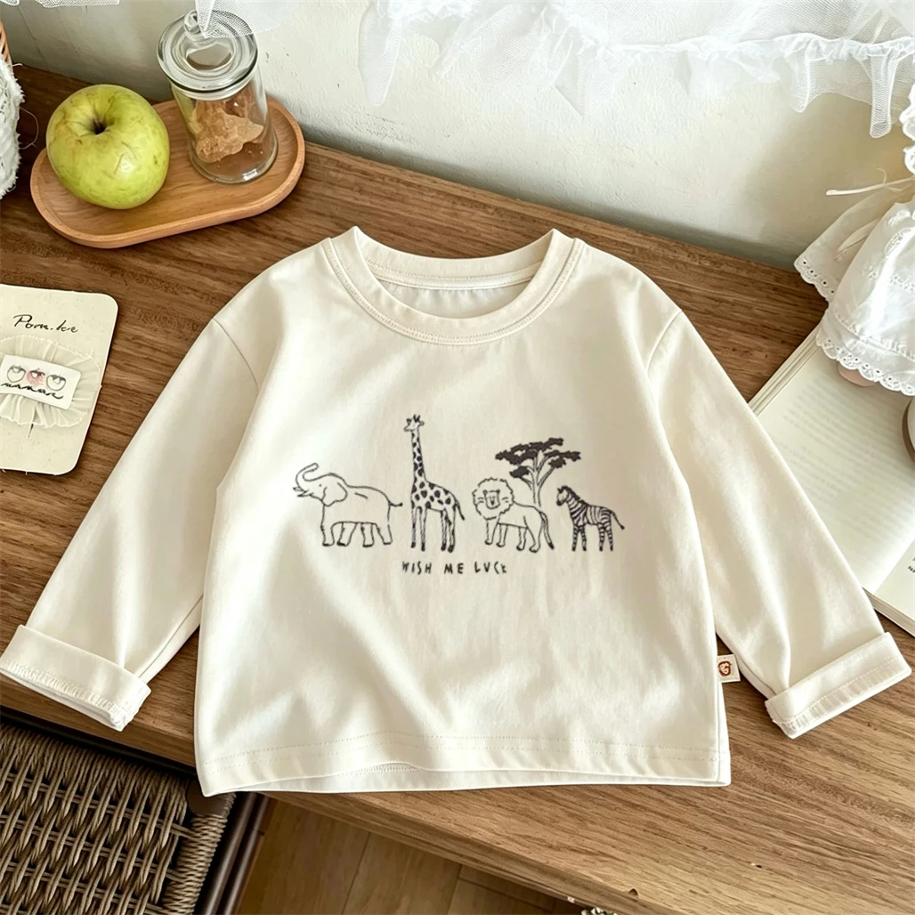 Child Long-sleeved Tops Cartoon Animals Print T-shirt Kids Round Neck Pullovers Boys Loose Casual Tees Spring Summer Clothing