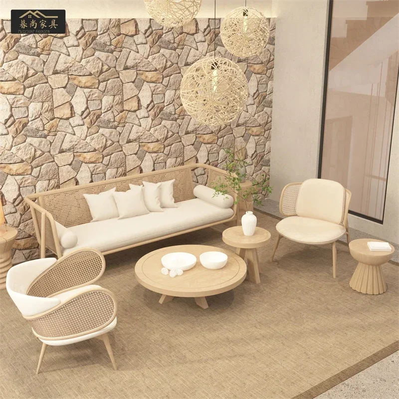 Hotel guest house rattan woven solid wood sofa small household living room original wood color sofa designer furniture