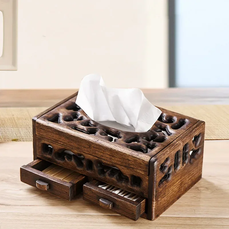 Solid Wood Multifunction Tissue Box Retro Living Room Coffee Table Desktop Tray Household Hollow Napkin Storage view 4