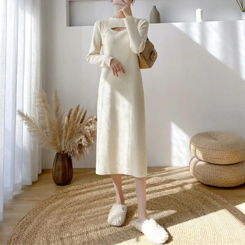 

Spring Autumn Women's Clothing Round Neck Pullover Hollow Out Screw Thread Solid Color Sweater Knitted Long Sleeves Dresses