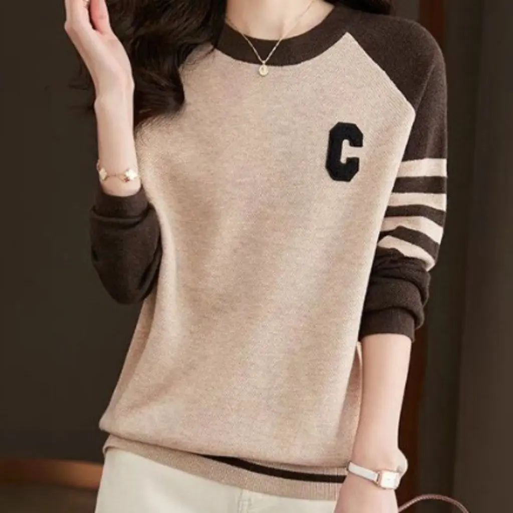 

Women's round Neck Bottoming Shirt Sweater Loose Knitted Casual Top Color-matching Short T-Shirt for Spring And Autumn