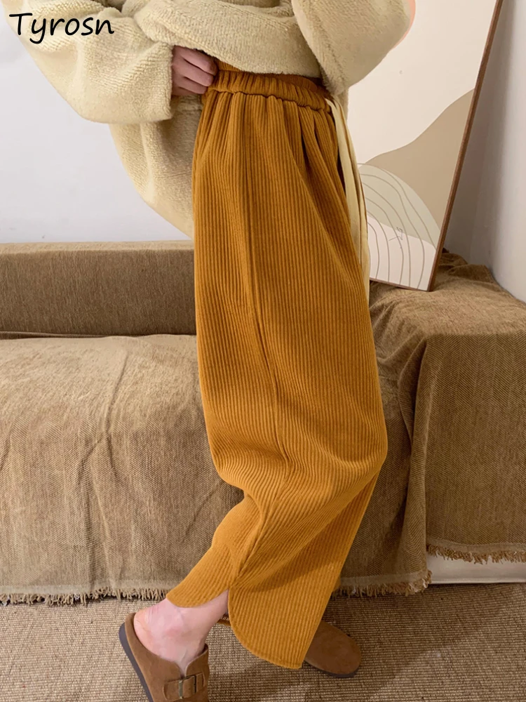 

Corduroy Pants Women Causal Plus Velvet Thickening Warm Maillard Loose Lace Up Simple Fashion Leisure Wide Leg Harajuku Ins