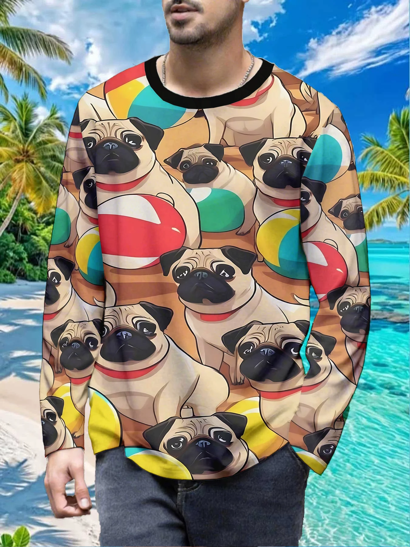Summer Beach Ball Pug Dog Cute Animal Mens Polyester Long Sleeve T Shirt Funny Adorable Pet Print Graphic Tee Casual Vacation We