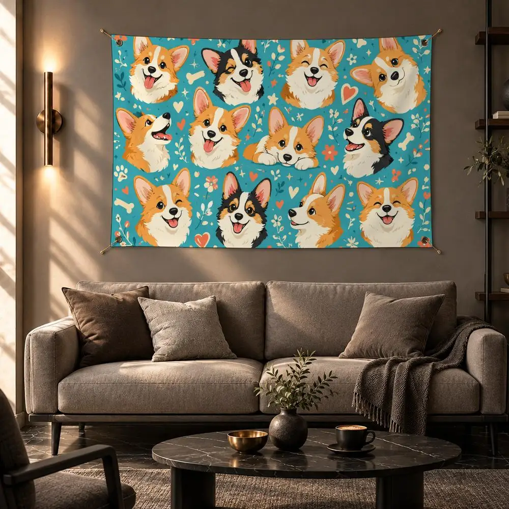 Cute Animal Corgi Flags Wall Hanging Flag Banner Home Decor Aesthetic Living Room Bedroom HD Fabric