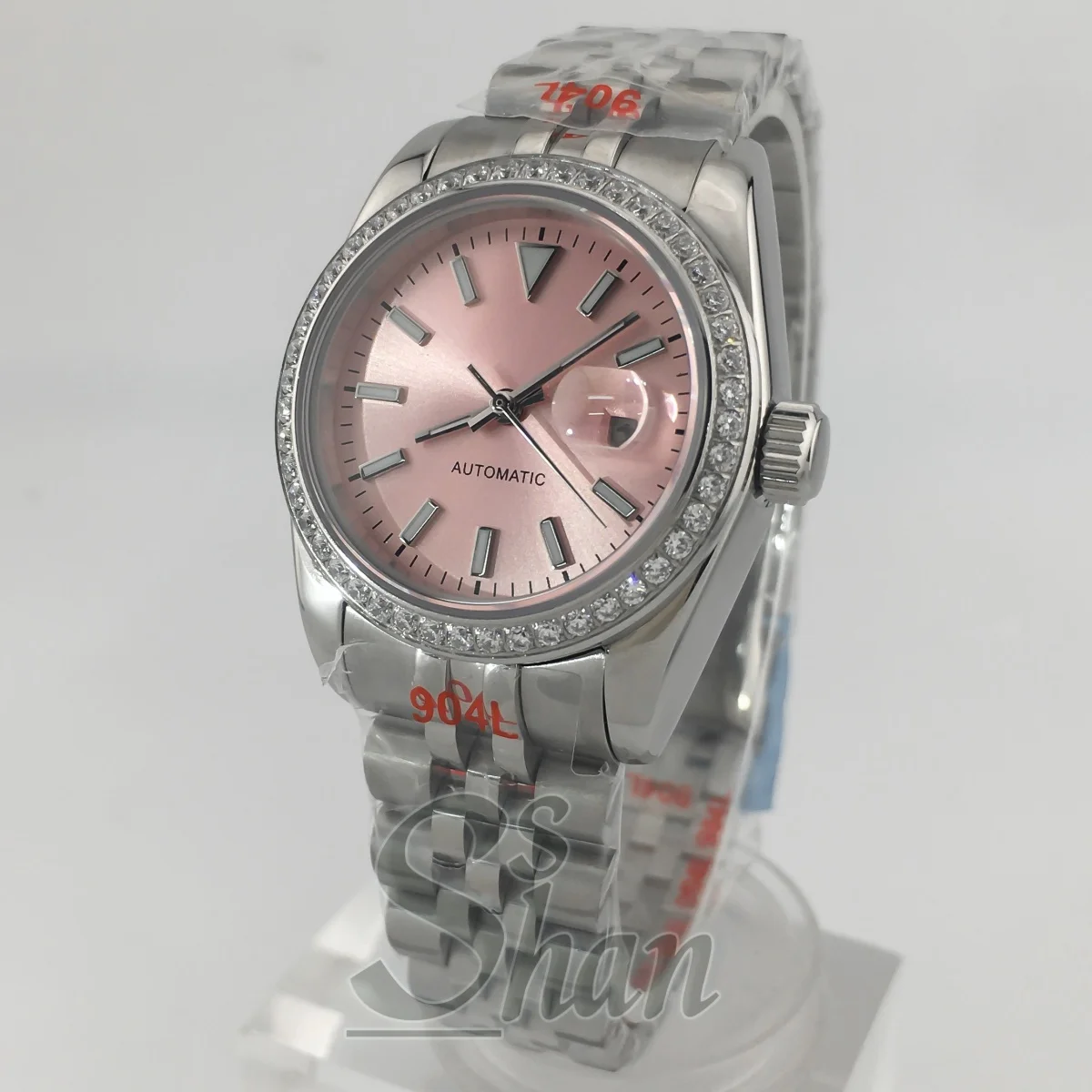 Zegarek damski NH05 31mm, luksusowy, automatyczny, szafirowe szkło, diamentowa luneta, luminescencyjna różowa tarcza, wodoszczelność do 100 metrów.