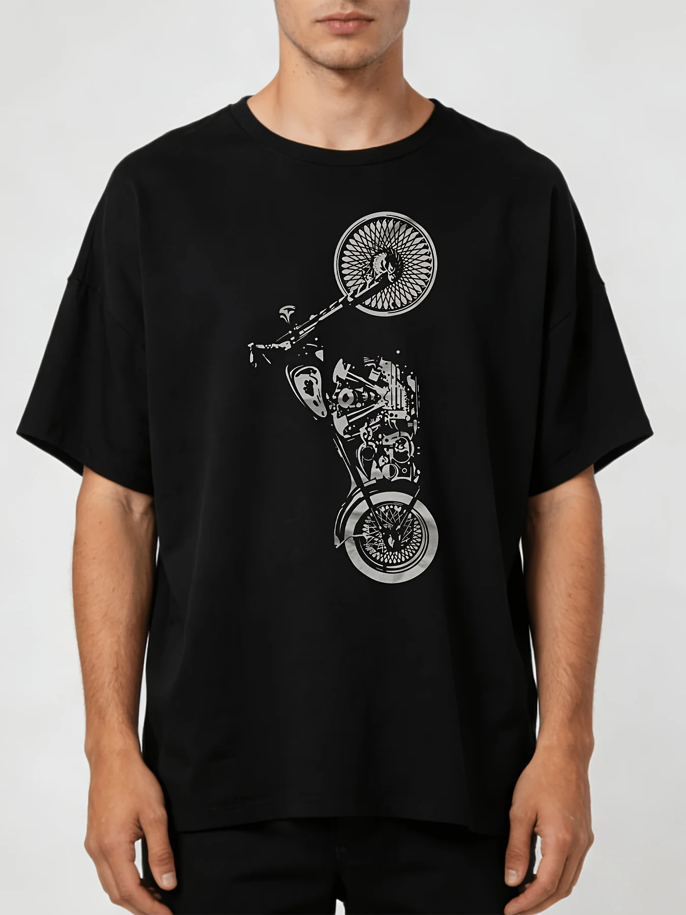 2026 MenMotorcycle Chopper Graphic T-Shirt - Black Short Sleeve Crew Neck, Soft Breathable, Regular Fit, Casual Sports Tee with