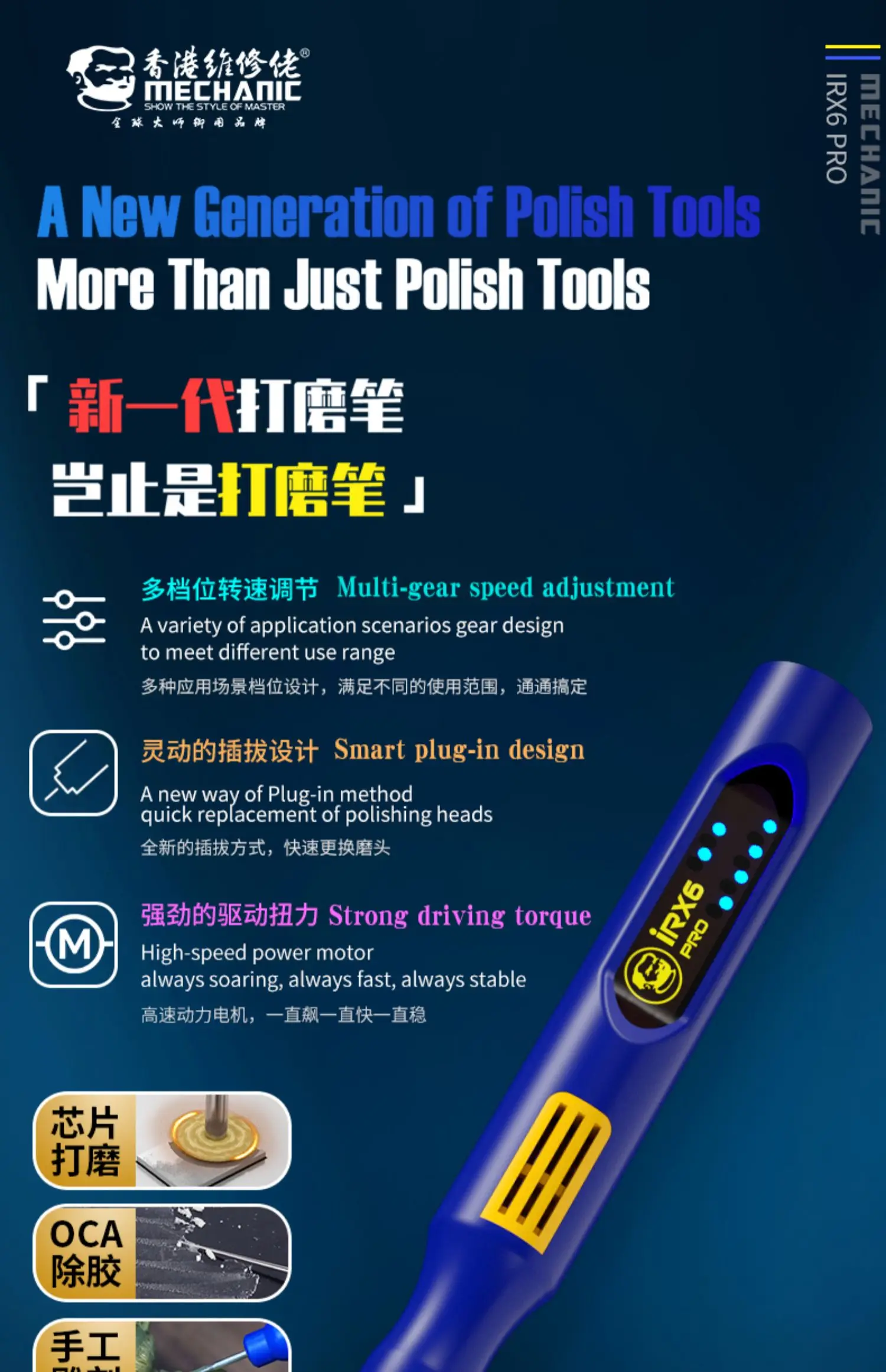 MECHANIC-Mini Handheld Polishing Pen for Mobile Phone Motherboard, IC Grinding Repair, Electric Carving Polish Pen, IR X6, IR X5