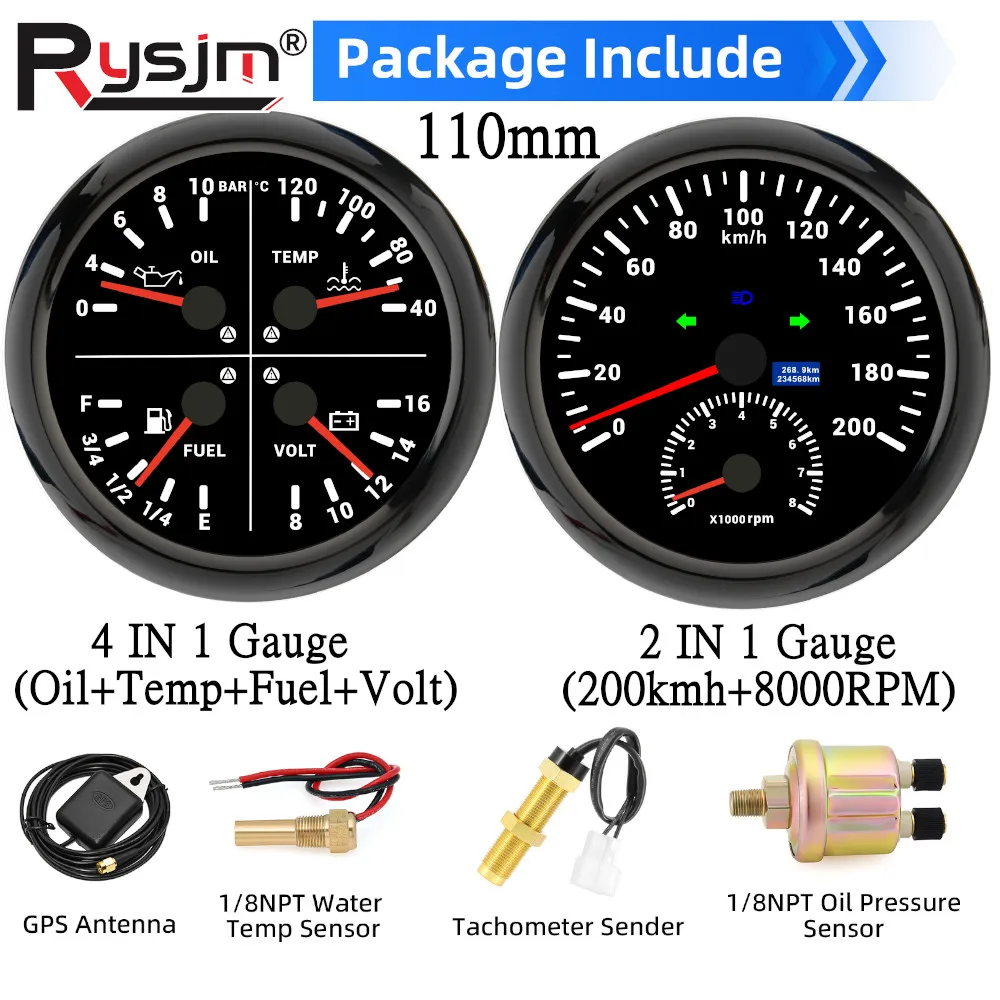 Conjunto de velocímetro gps, tacômetro, 110mm, 2 medidores, 0-200 km/h, 8000rpm, 4 em 1, prensa de óleo, combustível, água, temperatura, tensão com sensores 9-32v