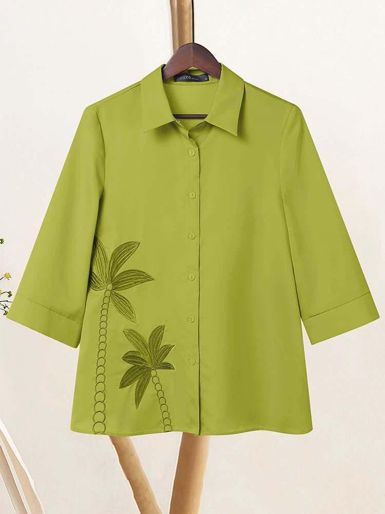 Koszule Vintage ZANZEA Jesienna Bluzka z Kwiatowym Haftem Damska Dekolt V Rękaw 3/4 Koszula Codzienna Zapinana na Guziki Bluzki Damskie Bluzki do Pracy