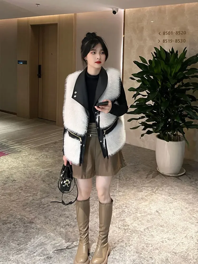 여성용 인조 밍크 조끼 여성용 조끼 재킷 따뜻한 민소매 아우터웨어 짧은 스티치 양가죽 조끼 겨울 신상품