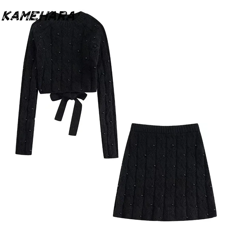 

KADUWAKI Spring Women Knit Tank Mini Skirt Sets 2 Piece Round Collar Pullover O-Neck Lace Up Tops Short Skirt Set Outfit Платье