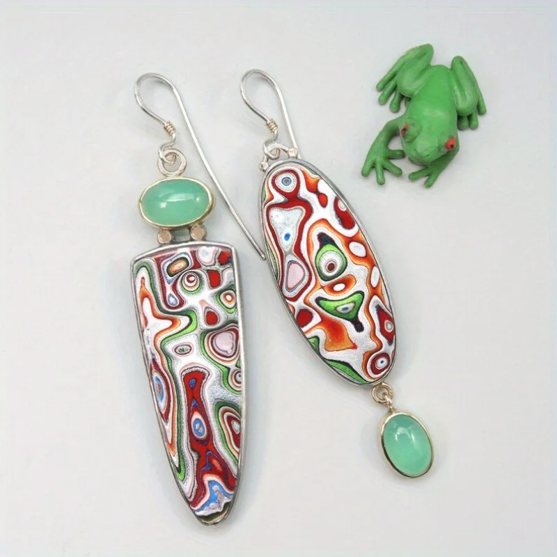 1 Pair of Retro Geometric Asymmetrical Pendant Earrings, Bohemian Style Multi-color Graffiti Women's Earrings