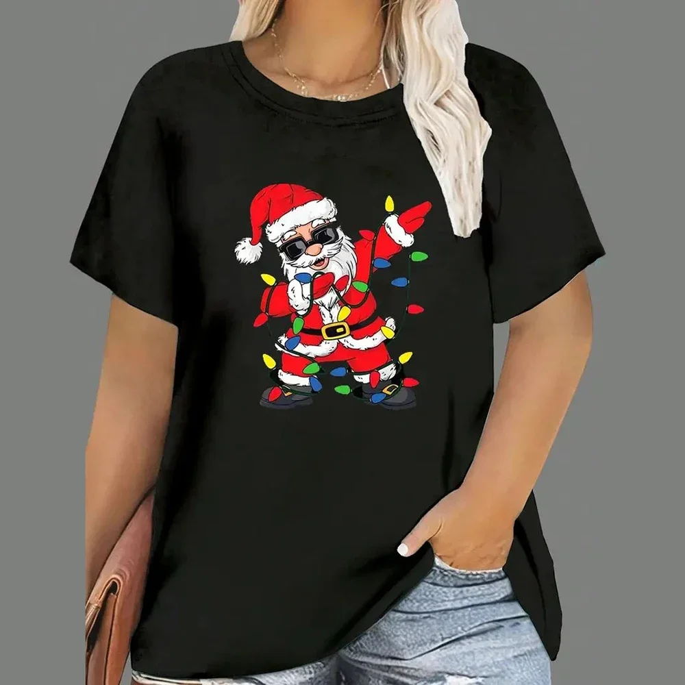 Christmas T Shirts Women's Cartoon Santa Claus Print Tops Tees Short Sleeve O-Neck Casual Party Clothing Oversized Ladies Tops