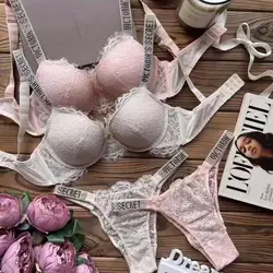 VS Women's Lingerie Set 2 Pieces Push Up Bra and Panties Summer Pink Lace Rhinestone Letters Brand Design Lingerie Bra