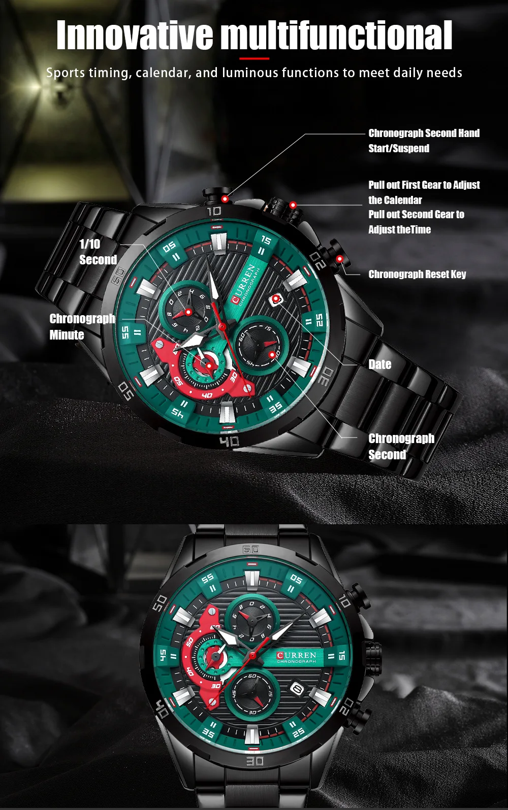 CURREN 8402 Herren Edelstahl-Uhr Kreatives Mode-Design Leuchtendes Zifferblatt mit Chronograph Freizeit-Luxus-Herrenuhr Reloj Hombre – Detail 8