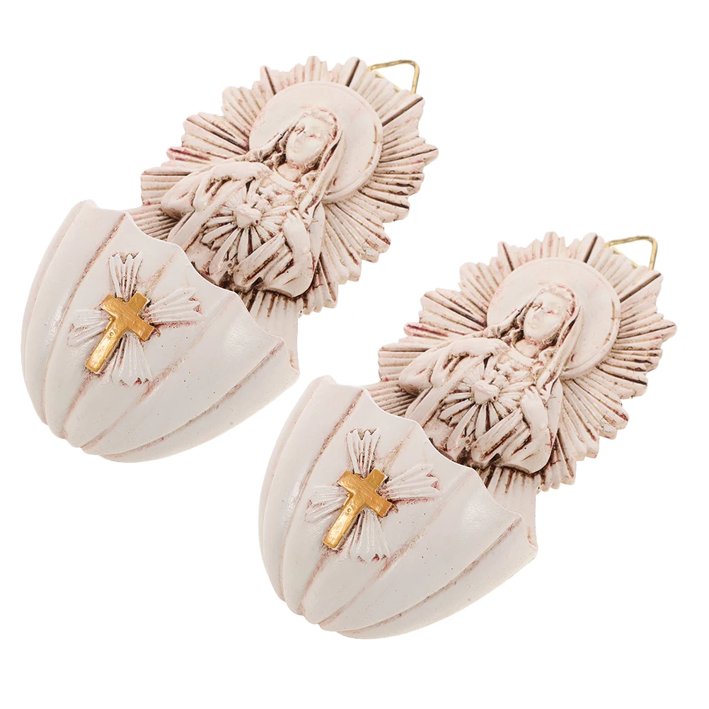 

2 Pcs Holy Water Font Wall Hanging Decor Beige Resin Storage Font Living Room Entrance Ornaments Sacred Atmosphere Religious