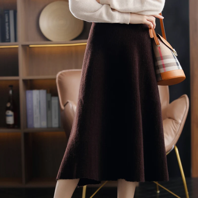 Woolen midi skirt women's new autumn and winter mid long style high waist slimming cashmere skirt knitted hip hugging skirt