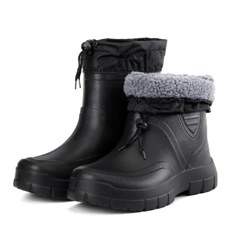 2023 Winter Windproof Cotton Rain Boots Men Warm Light Ankle Rainboots Fashion Black Slip on Rain Shoes Men Waterproof Work Boot