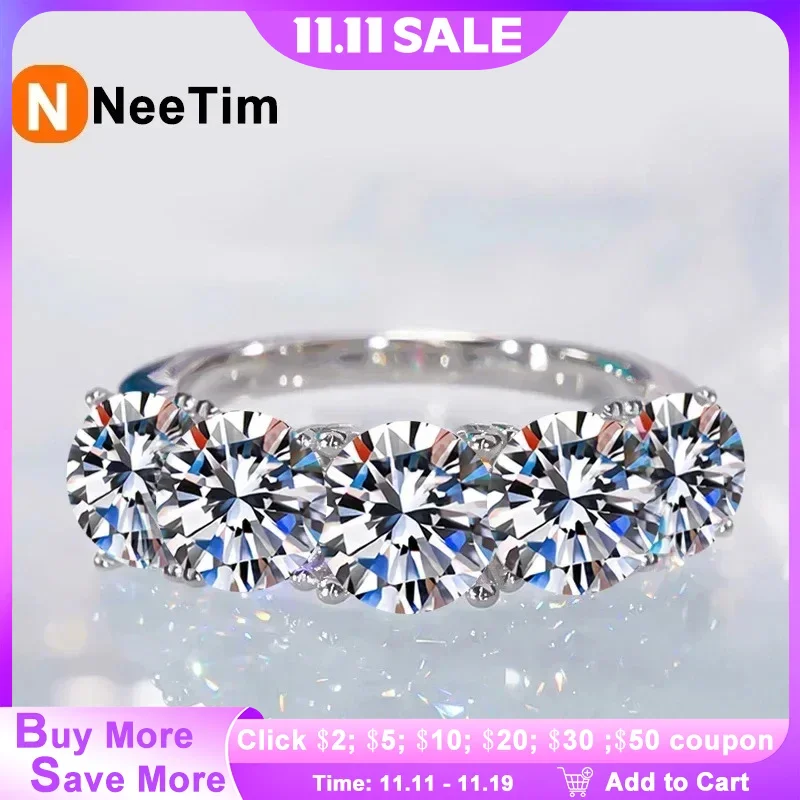 

NeeTim 5mm 6.5mm Full Moissanite Ring for Women S925 Sterling Silver Eternity Sparkling Diamond Band Wedding Rings Jewelry