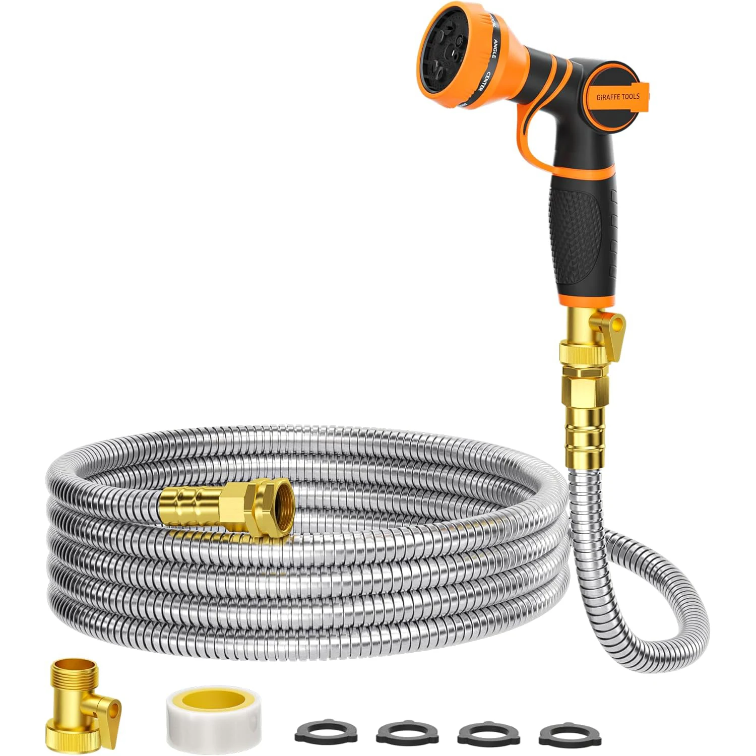 Giraffe Tools Garden Hose 25-100ft 5/8", 304 Stainless Steel Metal Water Hose, No Kink Garden Water Hose with 9 Pattern Spray Nozzle, Flexible, Lightweight, Kink Free Hose For Yard, Outdoor