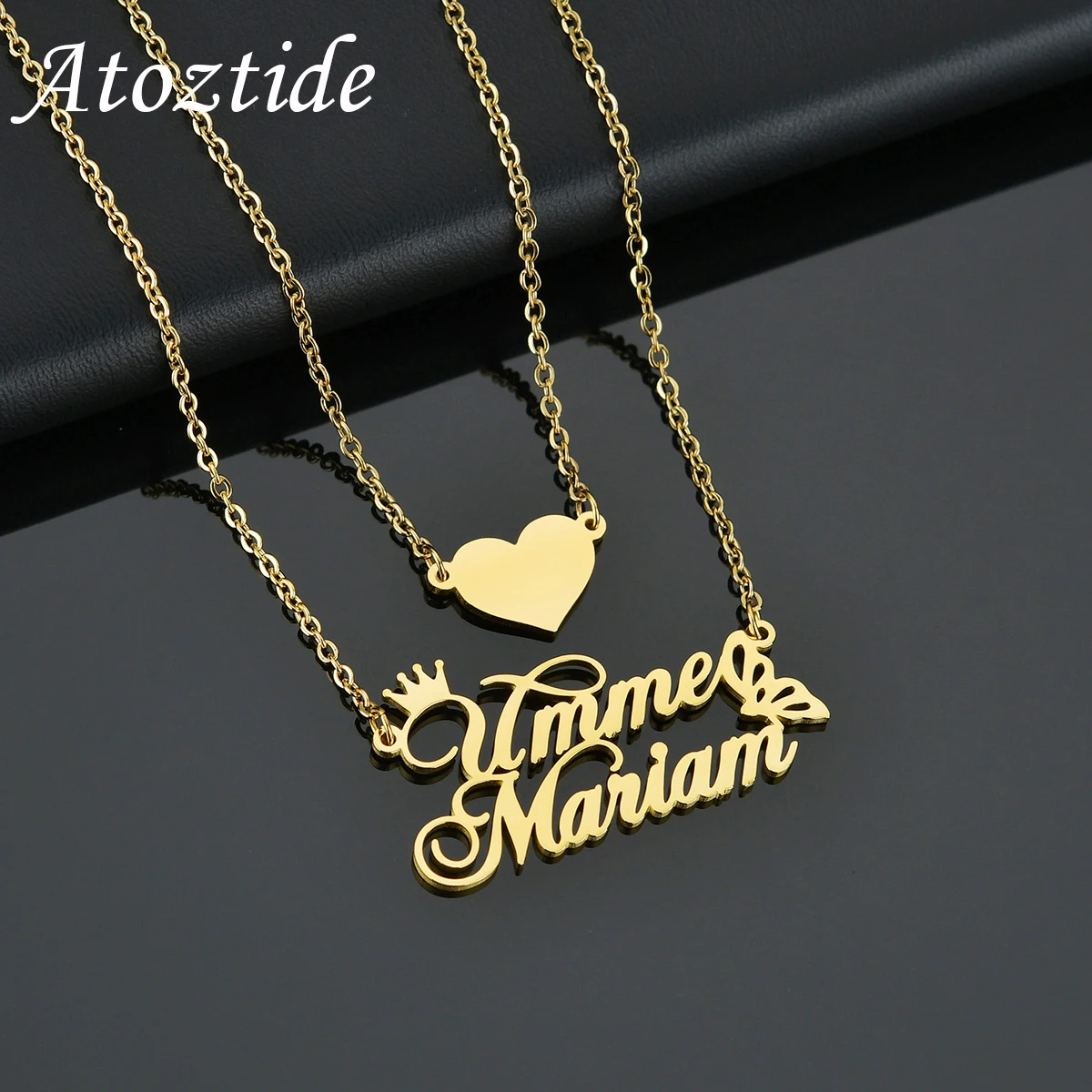 Atoztide Personalized Custom Heart Name Necklaces for Women Stainless Steel 2 Layer Crown Butterfly Pendant Chain Jewelry Gift