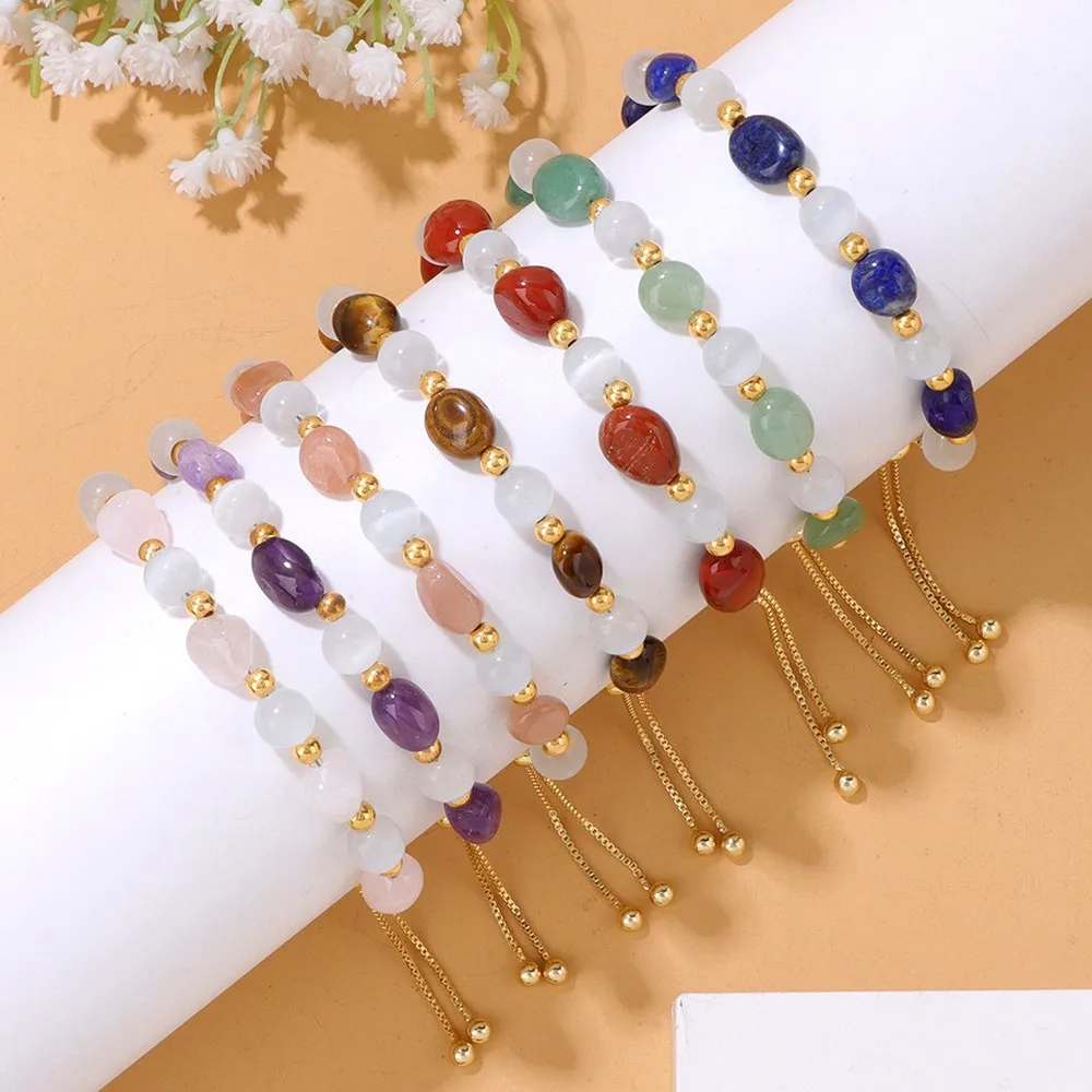 Women's White Cat Eye Stone Irregular Beads Drawstring Bracelet, Simple Minimalist Beaded Bracelet, Fashion Jewelry Gift
