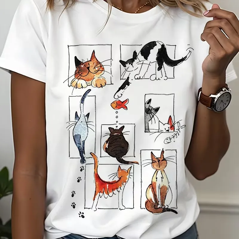 

Men's and Women's Clothing Illustration Pure Cotton Printed T-shirt New Multiple Cats Funny Posture Hand-painted Style T-shirt