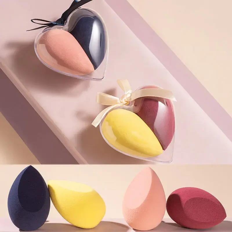 2pcs Water Drop Shape Makeup Sponge with Heart-Shape Box Non-Latex Material Face Liquid Foundation Cream Cosmetic Powder Puff