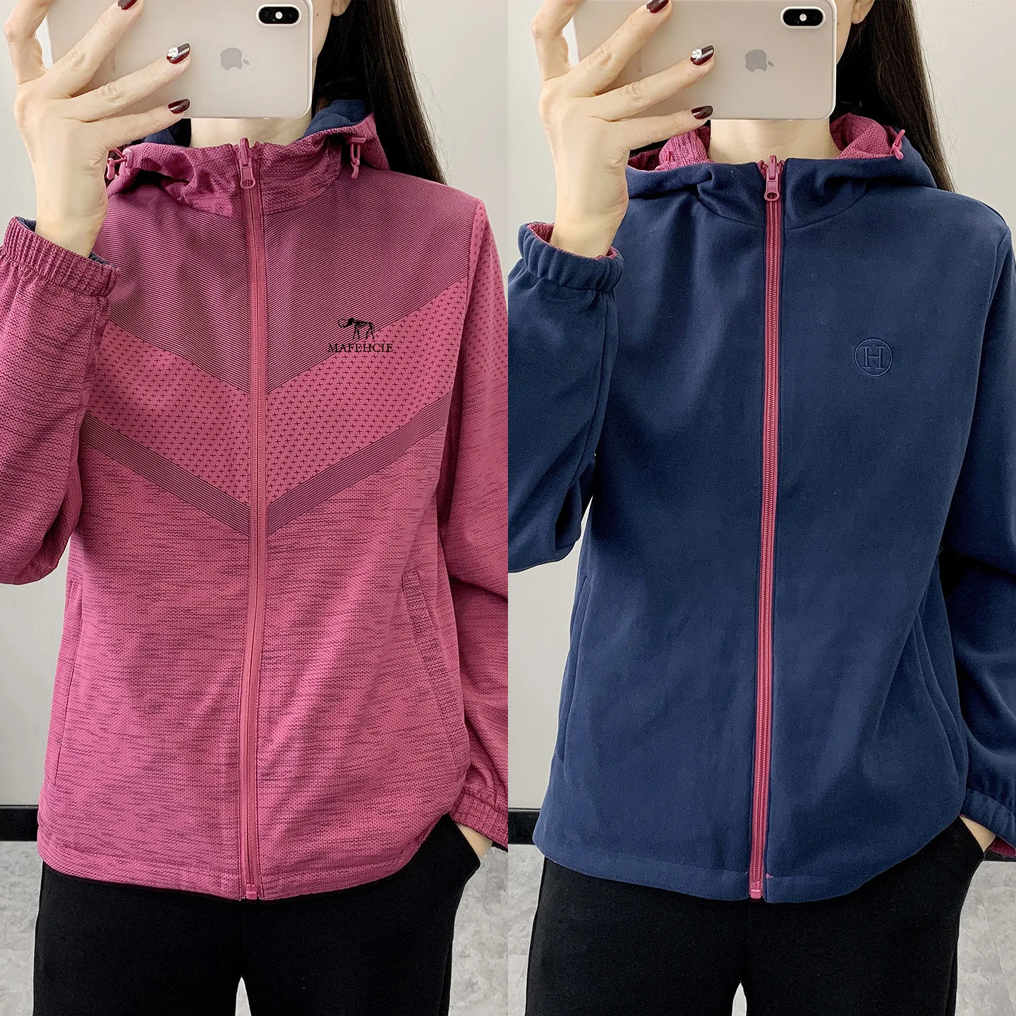 Women's Outdoor Reversible Fleece Lined Jacket, Autumn Winter Hooded Zip Up Sports Coat, Windproof Waterproof Softshell Hiking O