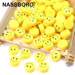10mm 12mm Flat Round Yellow Beads Smile Face Beaded for Woman Jewelry Making Bracelet Diy Beads Accessories 2021 New