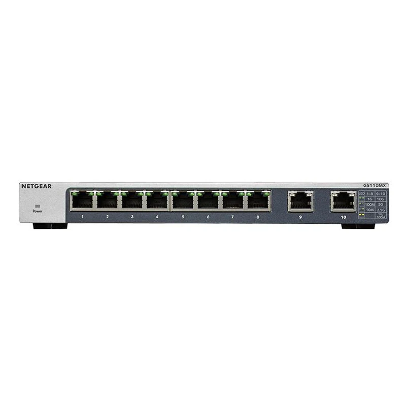 

NETGEAR GS110MX Unmanaged Switch 10 Gigabit/Multi-Gigabit 8 Port Gigabit Ethernet, with 2 Port 5 Speed 56Gbps Bandwidth