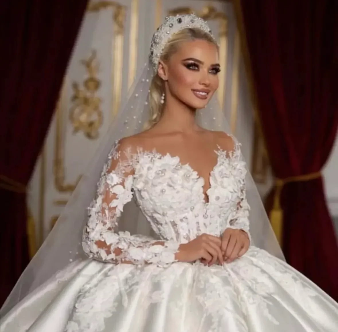 Vestido de fiesta árabe personalizado de Dubái, vestidos de Boda de Princesa capilla, mangas largas, Apliques de encaje Floral, vestidos de novia con cuentas de perlas