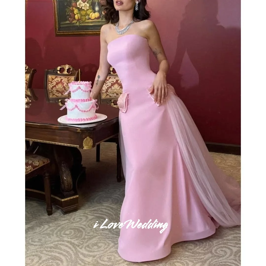 

Платья для выпускного вечера без бретелек с розовым бантом 2025 года, без рукавов со шлейфом, плиссированные вечерние платья длиной до пола, вечерние платья по индивидуальному заказу