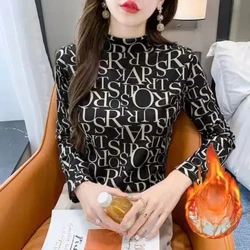 Autumn Winter Women's Clothing Leopard Geometric Long Sleeve Half High Collar Pullovers Printing T-shirt Casual Office Lady Tops