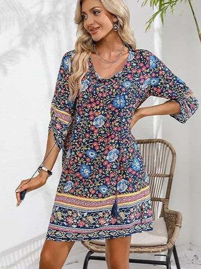 Summer Casual Holiday Floral Print Dress For Women Short Sleeve Loose A-line Dresses 2024 Beach Sundress Female