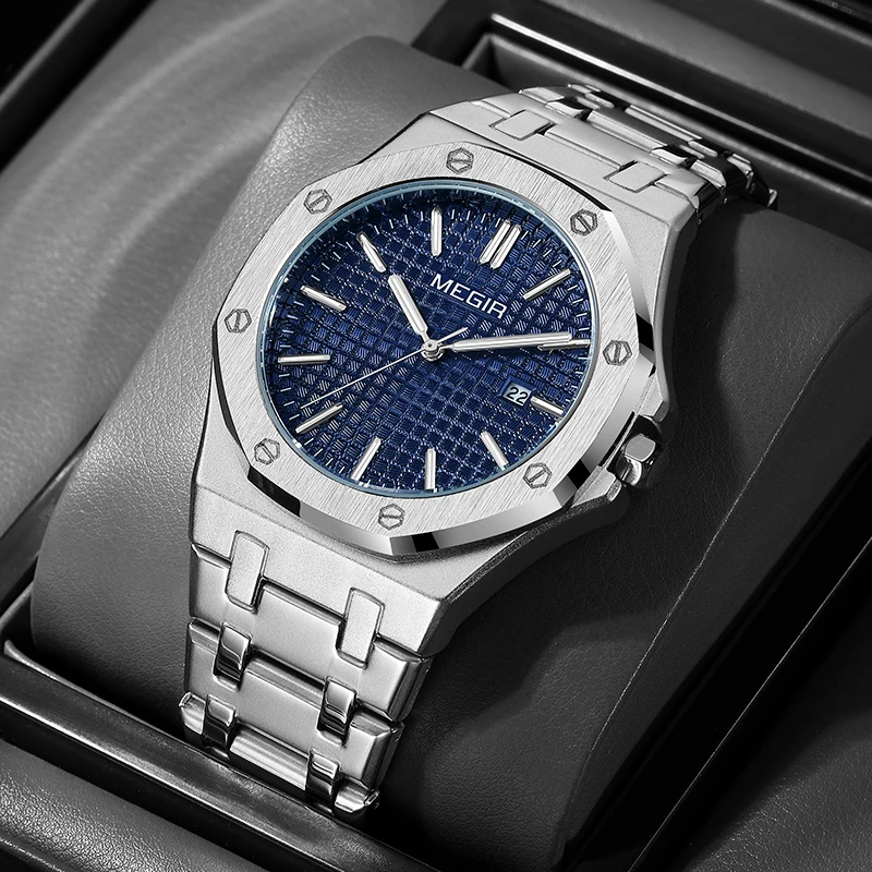 

Мужские роскошные часы из нержавеющей стали, водонепроницаемые, с подсветкой, с указанием даты и дня недели, модные повседневные кварцевые часы для мужчин.
