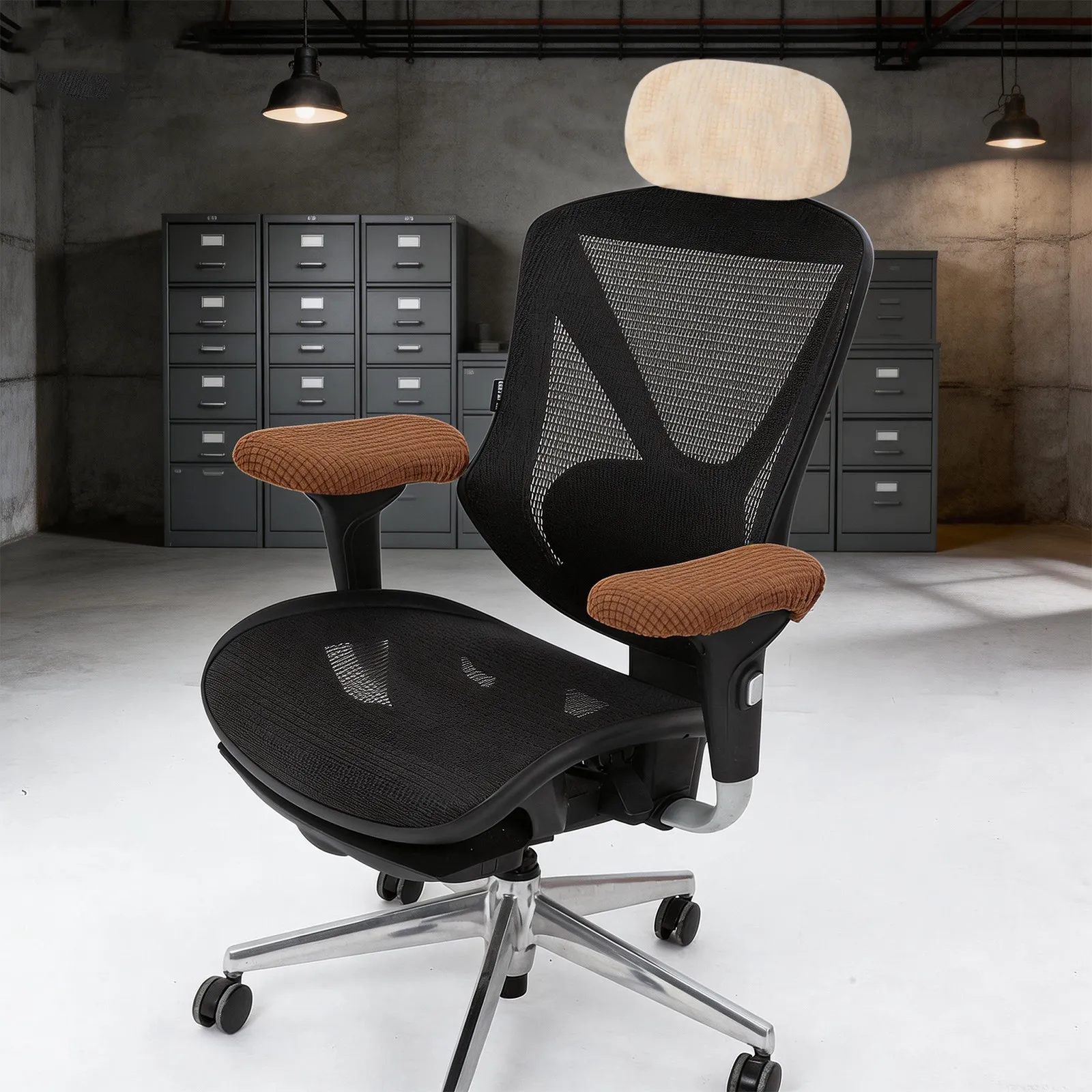 2Pcs Office Chair Headrest Cover Beige Elastic Neck Support Sleeve Protector Compatible with High Back Computer Recliner Chair
