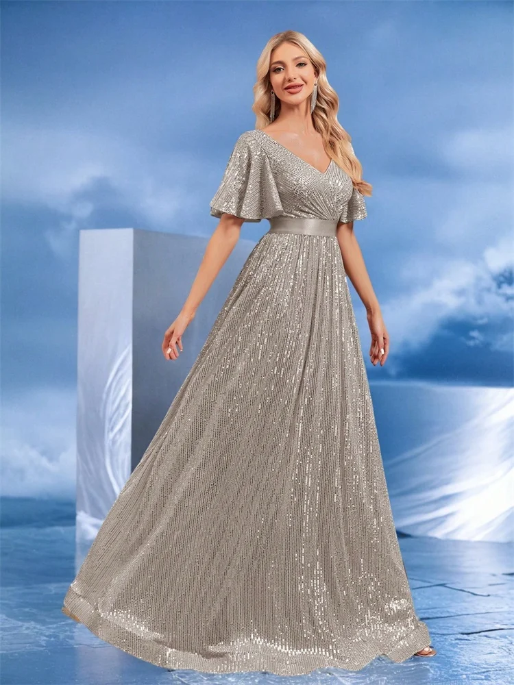 BLUEPLUM Luxury V-Neck Short Sleeves Grey Formal Evening Dress Luxury Women Long Sequins Party Prom Maxi Cocktail Dresses Gown