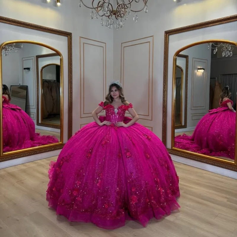 

Customized Shiny rose pink Quinceanera Dresses Off the Shoulder glitter decal Tull flower Long tail Bow Vestido 15 Quinceanera